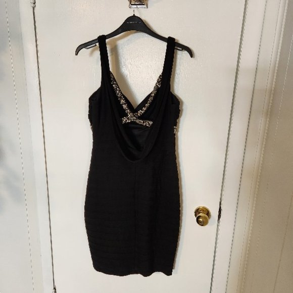 CHIC BLACK COCKTAIL DRESS WITH DIAMANTE UNDER BUST AND CRISS CROSS STRAPS - Picture 5 of 7